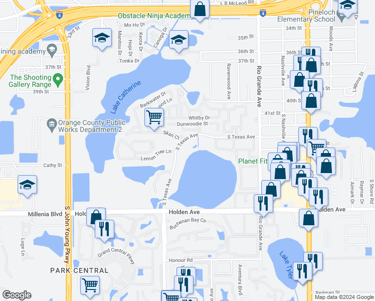 map of restaurants, bars, coffee shops, grocery stores, and more near 4397 South Texas Avenue in Orlando