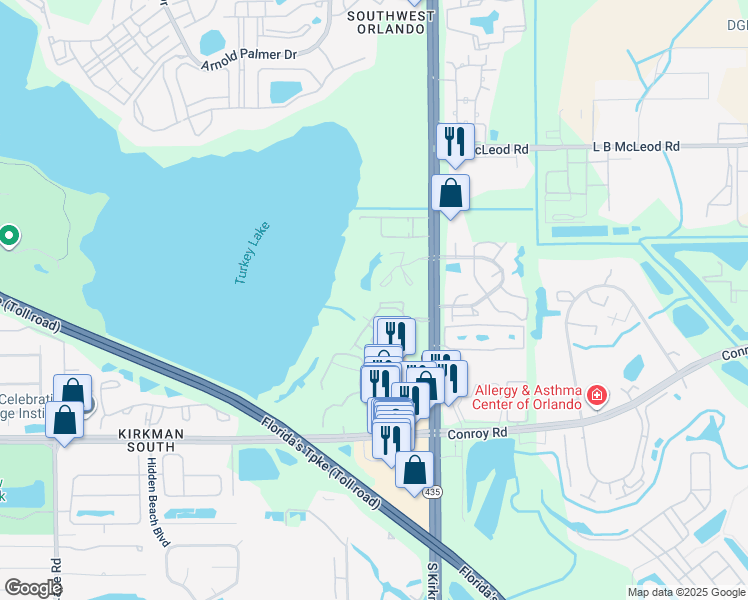 map of restaurants, bars, coffee shops, grocery stores, and more near 4320 South Kirkman Road in Orlando