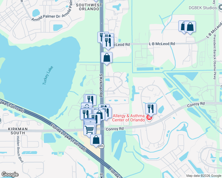 map of restaurants, bars, coffee shops, grocery stores, and more near 5617 Blue Shadows Court in Orlando