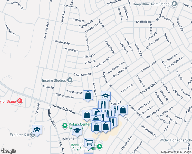map of restaurants, bars, coffee shops, grocery stores, and more near 4427 Lamson Avenue in Spring Hill