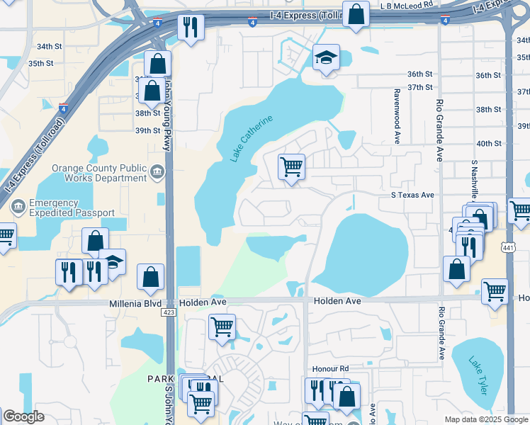 map of restaurants, bars, coffee shops, grocery stores, and more near 2512 Citrus Club Lane in Orlando