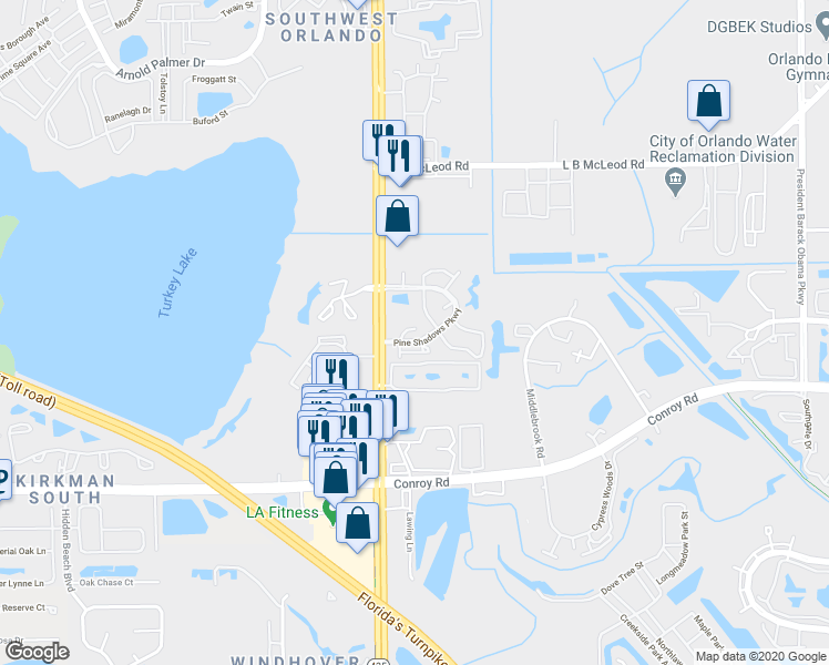 map of restaurants, bars, coffee shops, grocery stores, and more near 5601 Blue Shadows Court in Orlando