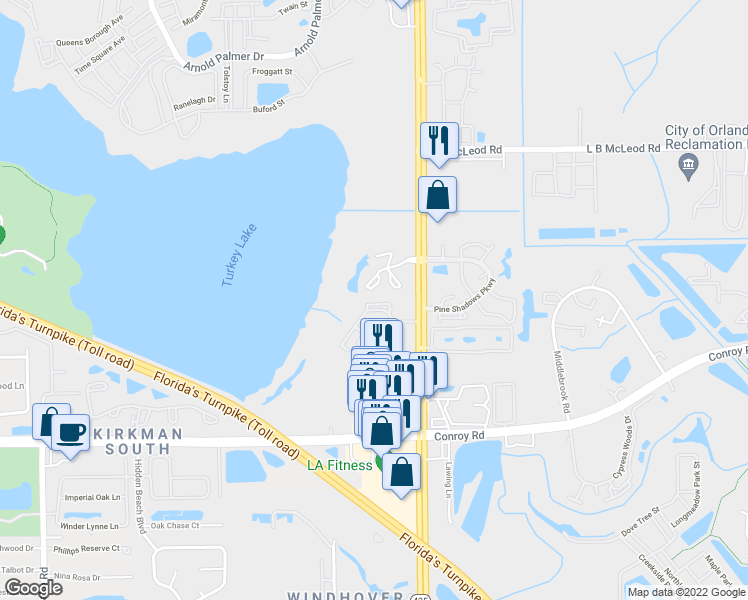 map of restaurants, bars, coffee shops, grocery stores, and more near 4312 South Kirkman Road in Orlando