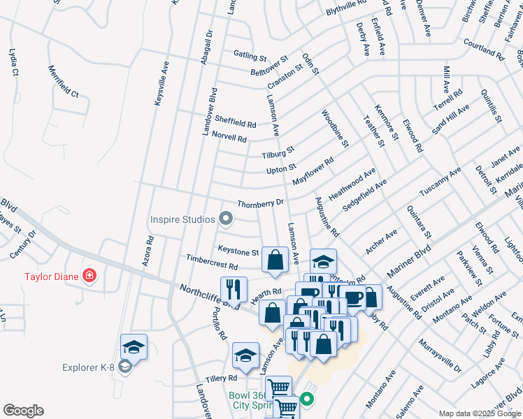 map of restaurants, bars, coffee shops, grocery stores, and more near 4432 Hedgewood Avenue in Spring Hill