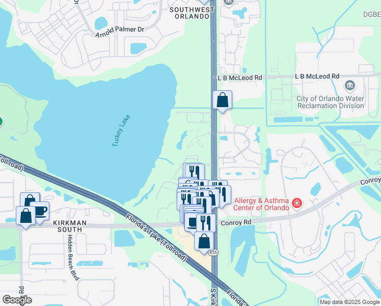 map of restaurants, bars, coffee shops, grocery stores, and more near 4316 South Kirkman Road in Orlando