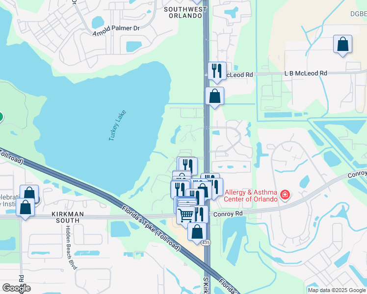 map of restaurants, bars, coffee shops, grocery stores, and more near 4312 South Kirkman Road in Orlando