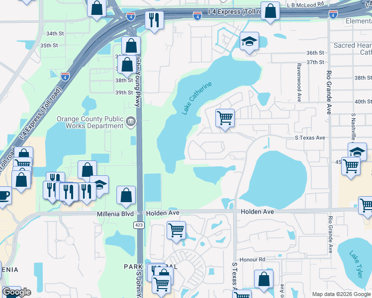 map of restaurants, bars, coffee shops, grocery stores, and more near 4370 Aqua Vista Drive in Orlando