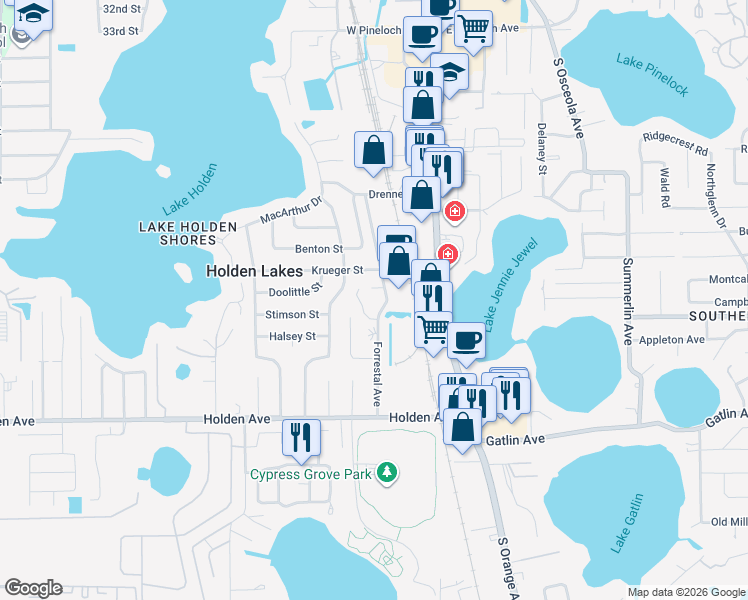 map of restaurants, bars, coffee shops, grocery stores, and more near 4148 Forrestal Place in Orlando
