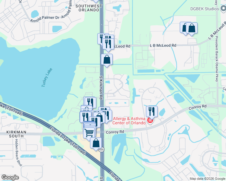 map of restaurants, bars, coffee shops, grocery stores, and more near 5617 Blue Shadows Court in Orlando