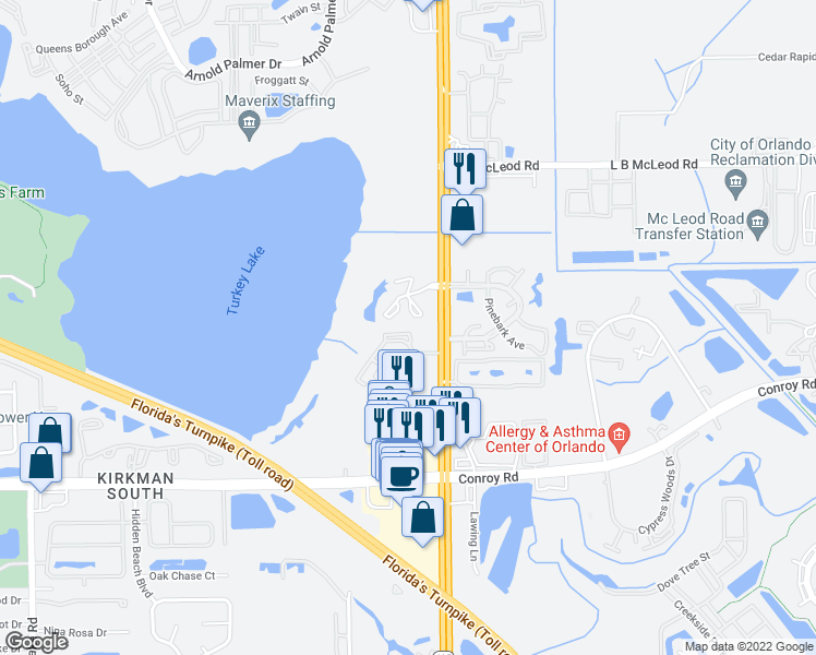 map of restaurants, bars, coffee shops, grocery stores, and more near 4312 South Kirkman Road in Orlando