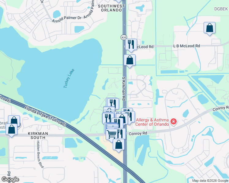 map of restaurants, bars, coffee shops, grocery stores, and more near 4312 South Kirkman Road in Orlando