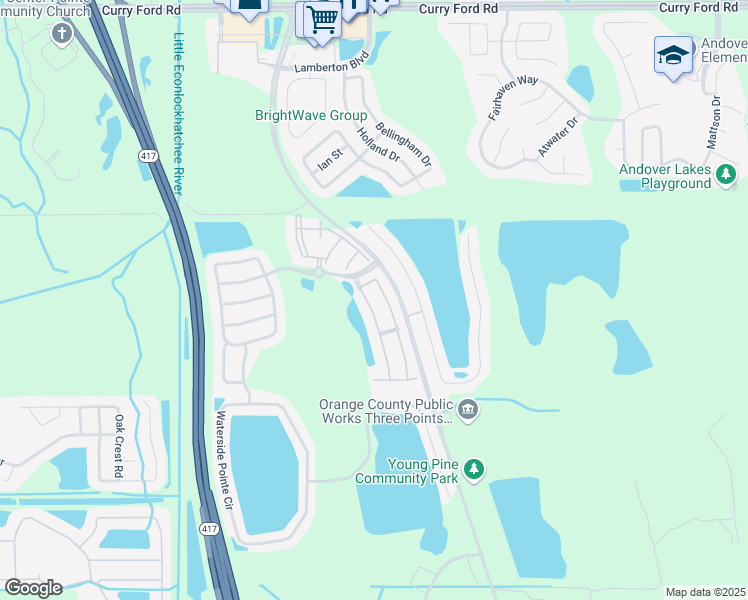 map of restaurants, bars, coffee shops, grocery stores, and more near 3427 Victoria Pines Drive in Orlando