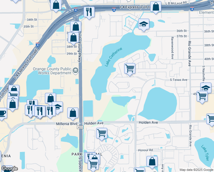 map of restaurants, bars, coffee shops, grocery stores, and more near 4370 Aqua Vista Drive in Orlando