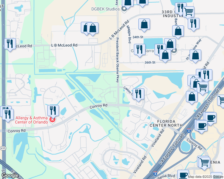 map of restaurants, bars, coffee shops, grocery stores, and more near 4828 Cason Cove Drive in Orlando