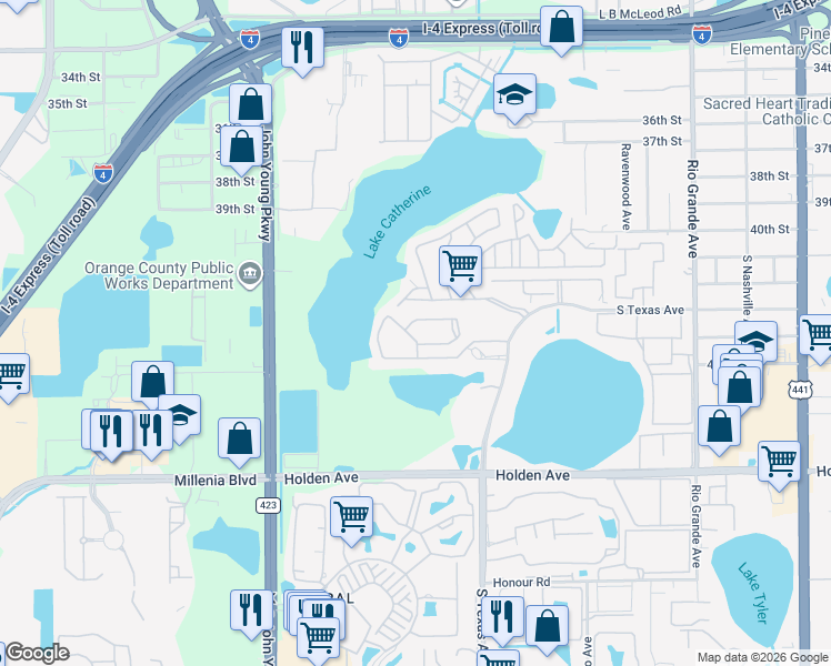map of restaurants, bars, coffee shops, grocery stores, and more near 2701 Lemon Tree Lane in Orlando