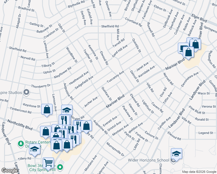 map of restaurants, bars, coffee shops, grocery stores, and more near 4413 Quintara Street in Spring Hill