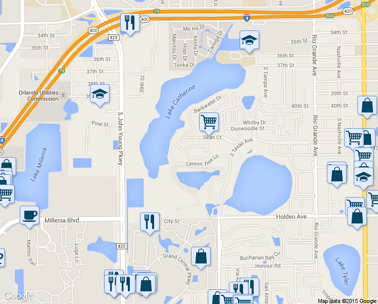 map of restaurants, bars, coffee shops, grocery stores, and more near 2701 Lemon Tree Lane in Orlando