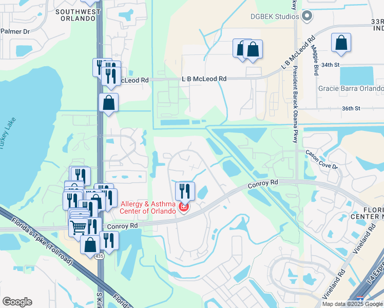 map of restaurants, bars, coffee shops, grocery stores, and more near 5287 Middle Court in Orlando