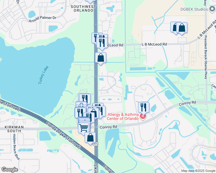 map of restaurants, bars, coffee shops, grocery stores, and more near 5617 Blue Shadows Court in Orlando