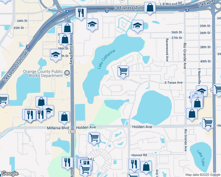 map of restaurants, bars, coffee shops, grocery stores, and more near 2701 Lemon Tree Lane in Orlando