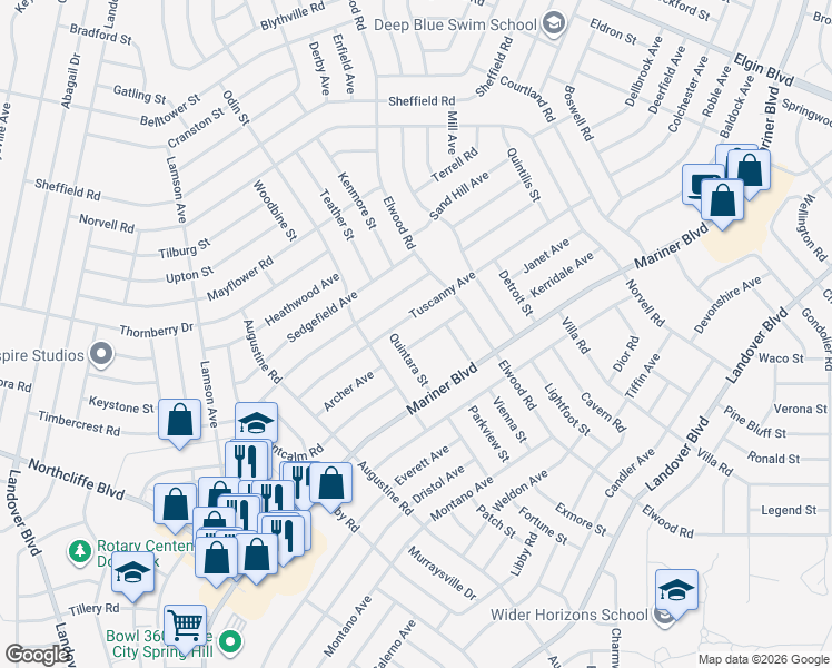 map of restaurants, bars, coffee shops, grocery stores, and more near 11309 Outrigger Avenue in Spring Hill