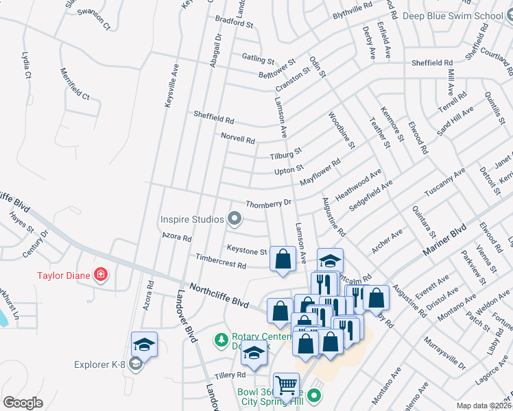 map of restaurants, bars, coffee shops, grocery stores, and more near Thornberry Drive in Spring Hill
