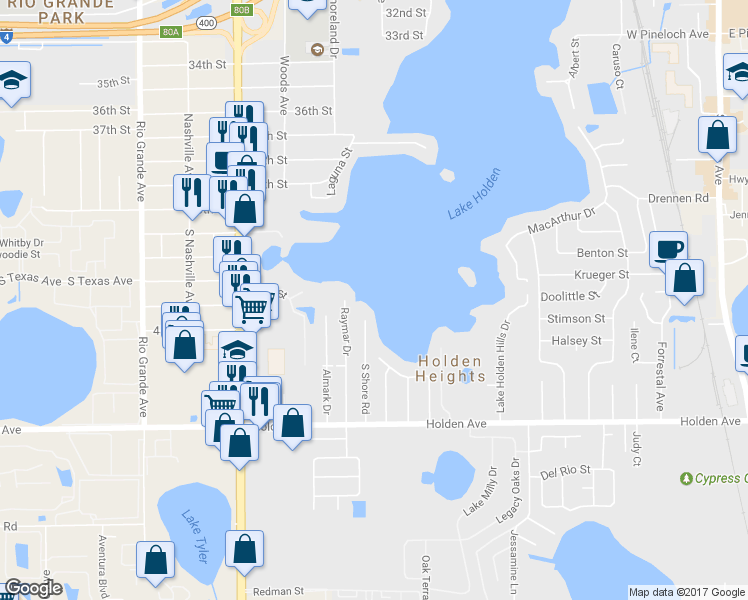 map of restaurants, bars, coffee shops, grocery stores, and more near 4501 South Shore Road in Orlando
