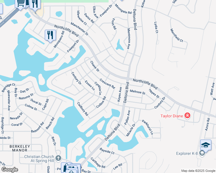 map of restaurants, bars, coffee shops, grocery stores, and more near 4553 Collins Road in Spring Hill