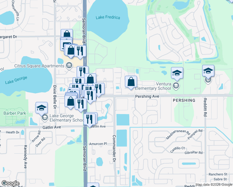 map of restaurants, bars, coffee shops, grocery stores, and more near 4252 Pershing Pointe Place in Orlando