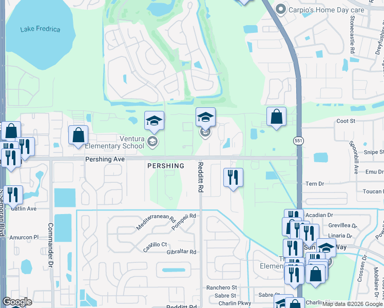 map of restaurants, bars, coffee shops, grocery stores, and more near 3169 Pershing Park Drive in Orlando