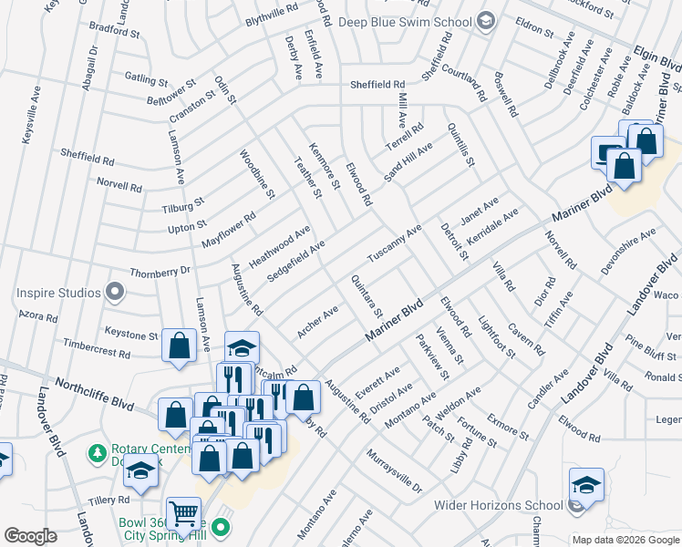 map of restaurants, bars, coffee shops, grocery stores, and more near 11261 Timbercrest Road in Spring Hill