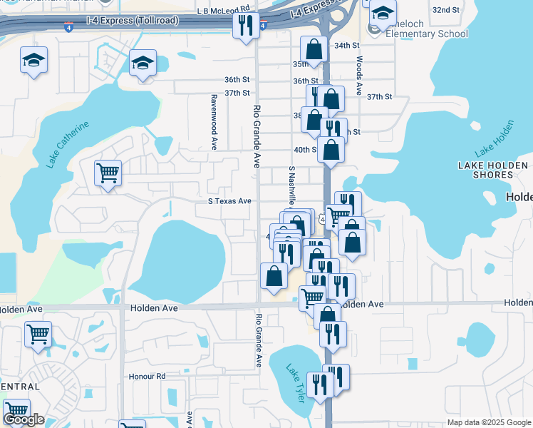 map of restaurants, bars, coffee shops, grocery stores, and more near 1515 43rd Street in Orlando