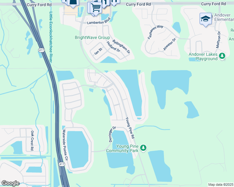 map of restaurants, bars, coffee shops, grocery stores, and more near 3363 Wilshire Way Road in Orlando