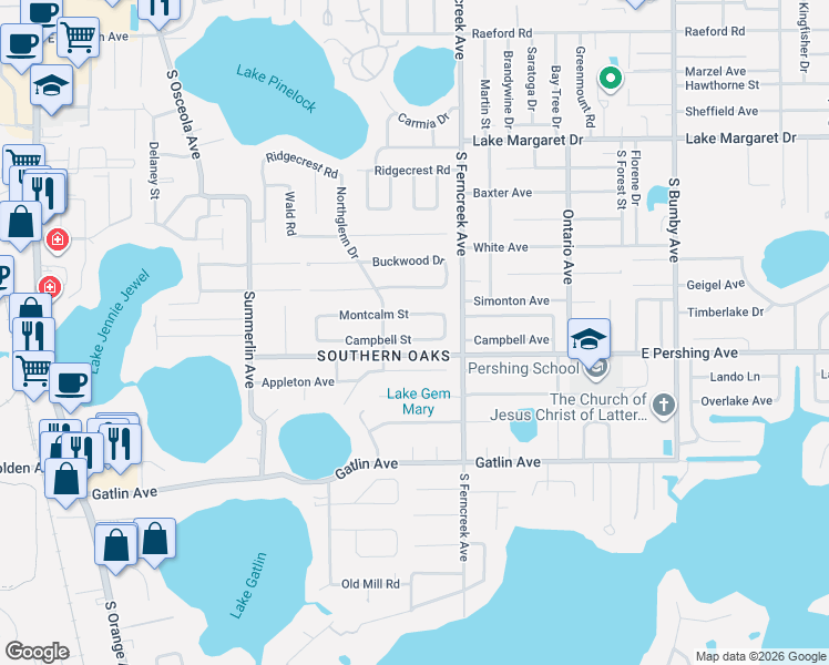 map of restaurants, bars, coffee shops, grocery stores, and more near 1329 Montcalm Street in Orlando