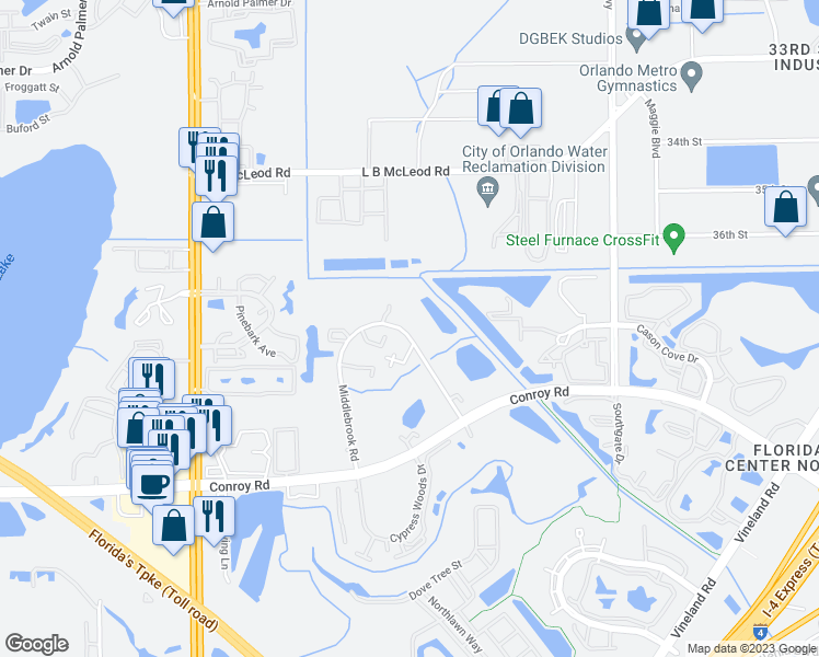 map of restaurants, bars, coffee shops, grocery stores, and more near 4098 Middlebrook Road in Orlando