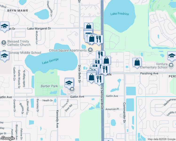 map of restaurants, bars, coffee shops, grocery stores, and more near 5575 Rosebriar Way in Orlando