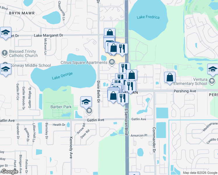 map of restaurants, bars, coffee shops, grocery stores, and more near 5575 Rosebriar Way in Orlando