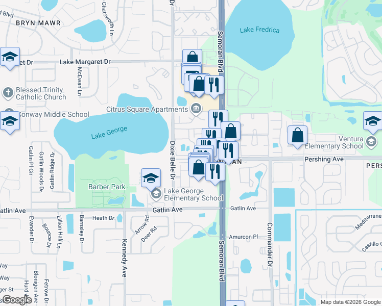 map of restaurants, bars, coffee shops, grocery stores, and more near 5575 Rosebriar Way in Orlando