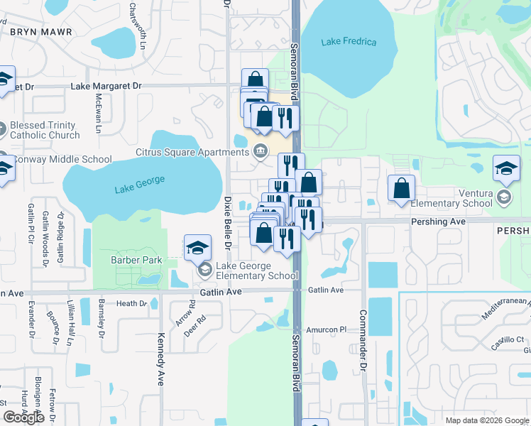 map of restaurants, bars, coffee shops, grocery stores, and more near 4350 Perkinshire Lane in Orlando