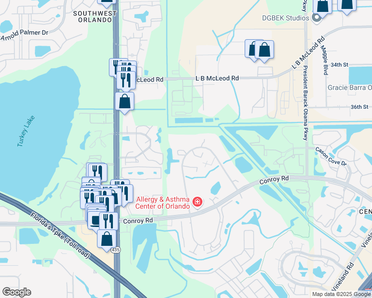 map of restaurants, bars, coffee shops, grocery stores, and more near 4252 Middlebrook Road in Orlando