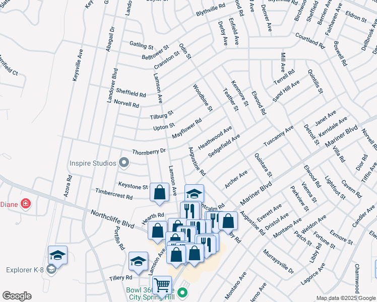 map of restaurants, bars, coffee shops, grocery stores, and more near 11071 Heathwood Avenue in Spring Hill