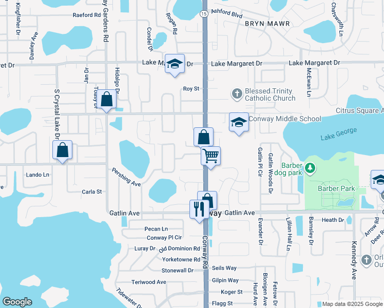 map of restaurants, bars, coffee shops, grocery stores, and more near 4225 Parkside Drive in Orlando