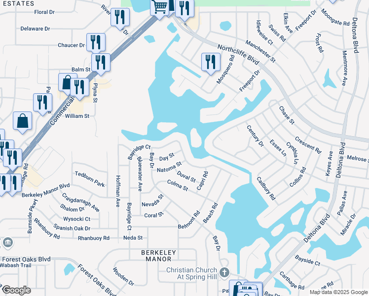 map of restaurants, bars, coffee shops, grocery stores, and more near 4563 Bayridge Court in Spring Hill