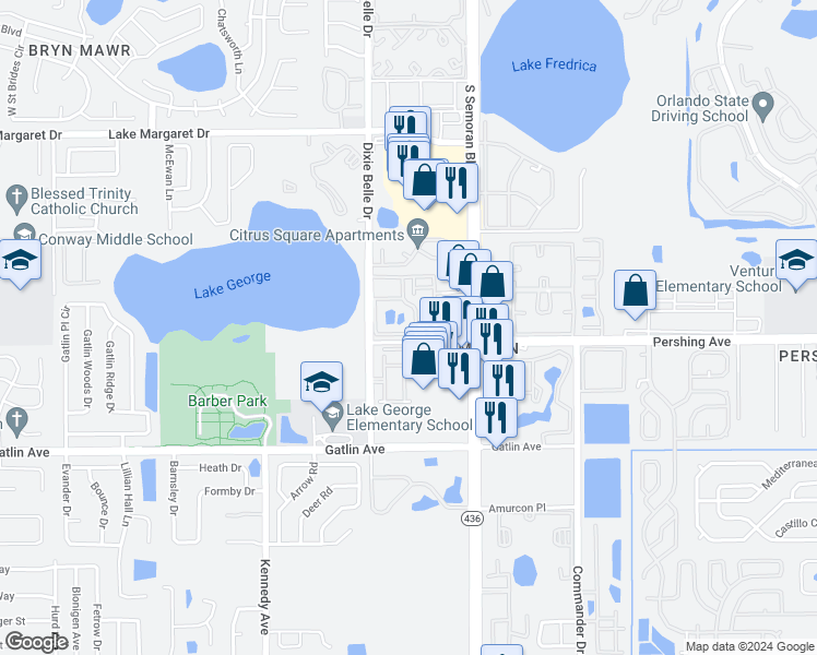 map of restaurants, bars, coffee shops, grocery stores, and more near 5530 Chrishire Way in Orlando
