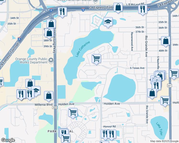 map of restaurants, bars, coffee shops, grocery stores, and more near 2616 Skan Court in Orlando