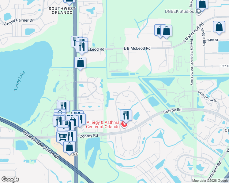 map of restaurants, bars, coffee shops, grocery stores, and more near 4252 Middlebrook Road in Orlando