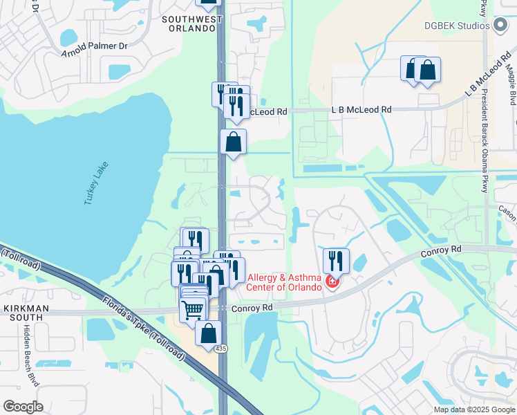 map of restaurants, bars, coffee shops, grocery stores, and more near 5563 Slash Pine Court in Orlando