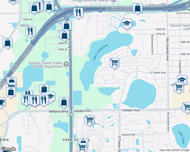 map of restaurants, bars, coffee shops, grocery stores, and more near 4320 Aqua Vista Drive in Orlando