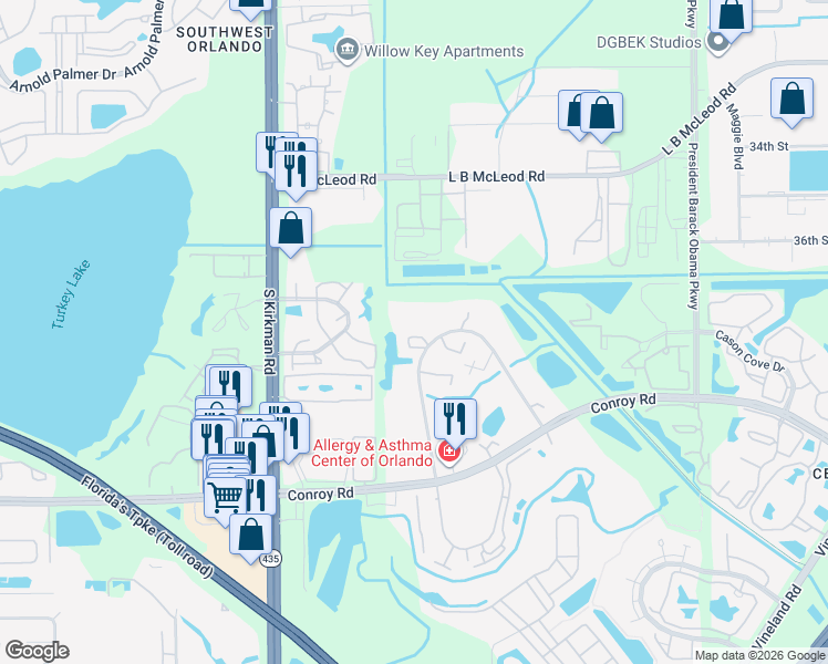 map of restaurants, bars, coffee shops, grocery stores, and more near 4252 Middlebrook Road in Orlando