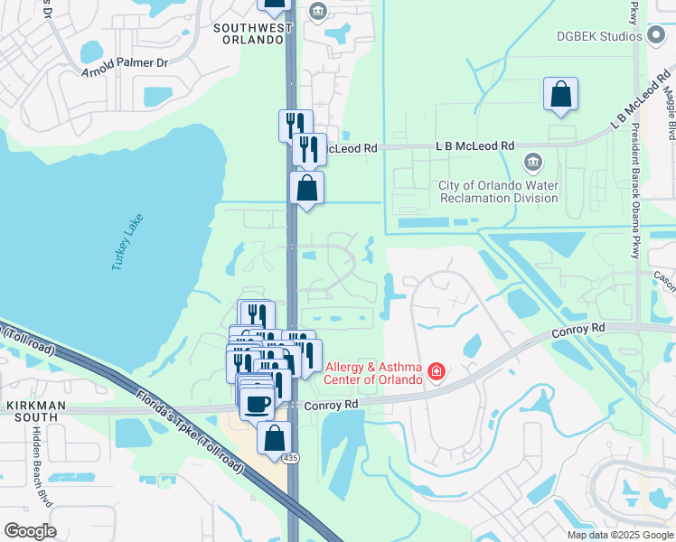 map of restaurants, bars, coffee shops, grocery stores, and more near 4277 Pinebark Avenue in Orlando